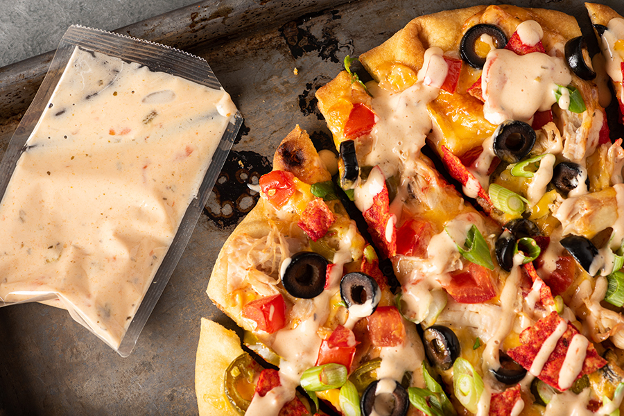 Tex-Mex chicken pizza drizzled with Salsa Ranch
